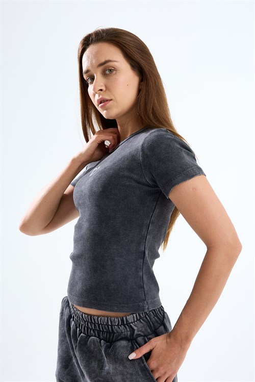 Wholesale Womens Smoke Gray Short-Sleeve Ribbed T-Shirt