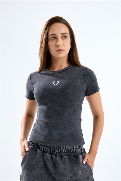 Wholesale Womens Smoke Gray Short-Sleeve Ribbed T-Shirt
