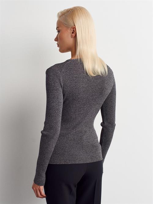 Wholesale Womens Smoke Gray V-Neck Lurex Knit Sweater