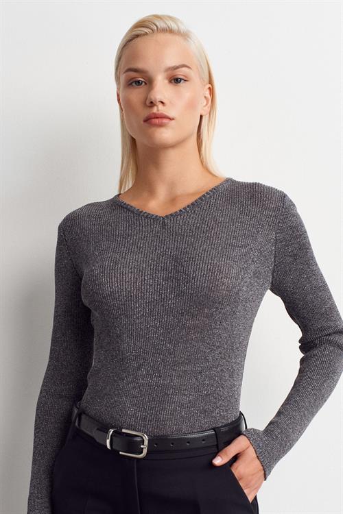 Wholesale Womens Smoke Gray V-Neck Lurex Knit Sweater