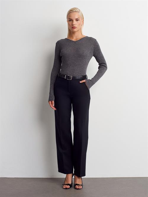 Wholesale Womens Smoke Gray V-Neck Lurex Knit Sweater