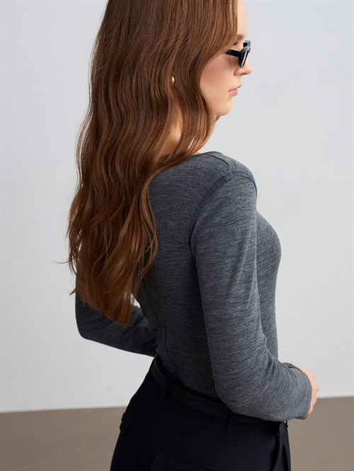 Wholesale Womens Smoke Gray Wool Long-Sleeve Blouse with Buttoned Half Placket