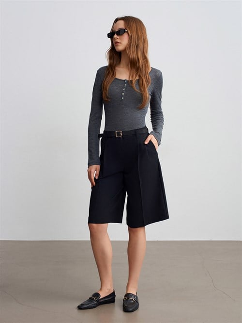 Wholesale Womens Smoke Gray Wool Long-Sleeve Blouse with Buttoned Half Placket