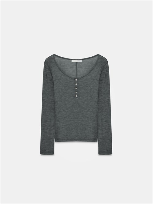 Wholesale Womens Smoke Gray Wool Long-Sleeve Blouse with Buttoned Half Placket