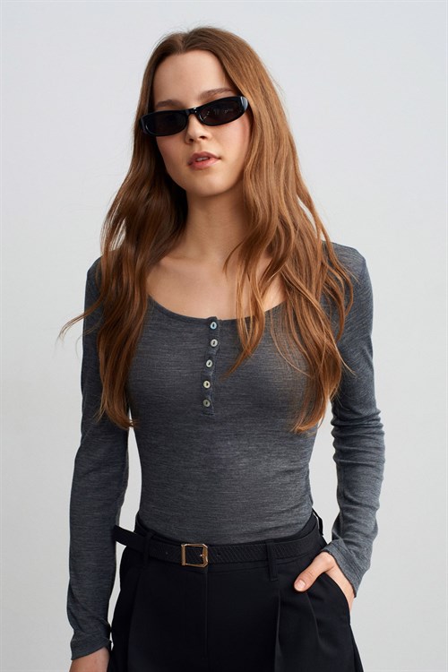 Wholesale Womens Smoke Gray Wool Long-Sleeve Blouse with Buttoned Half Placket