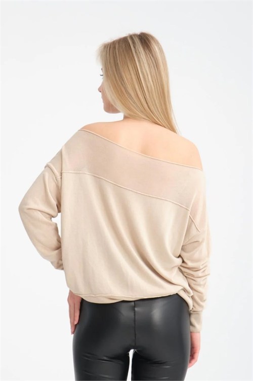 Wholesale Womens Stone Beige Fine Knit Sweater with Boat Neck and Drop Shoulders