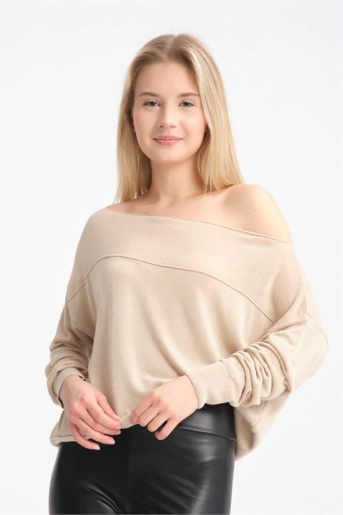 Wholesale Womens Stone Beige Fine Knit Sweater with Boat Neck and Drop Shoulders