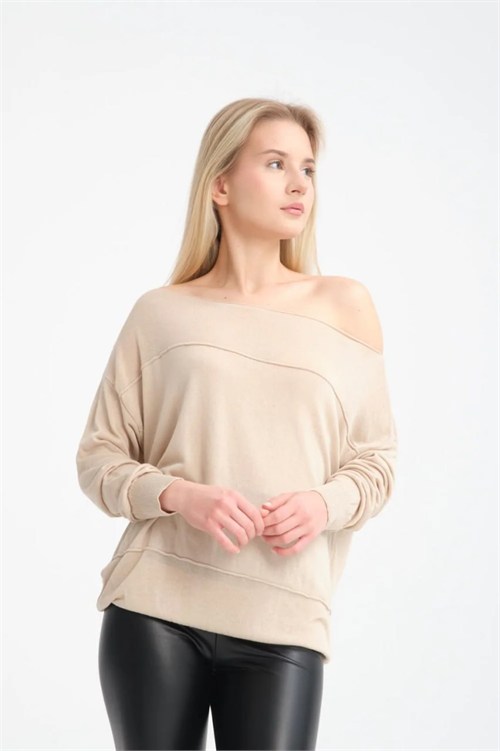 Wholesale Womens Stone Beige Fine Knit Sweater with Boat Neck and Drop Shoulders