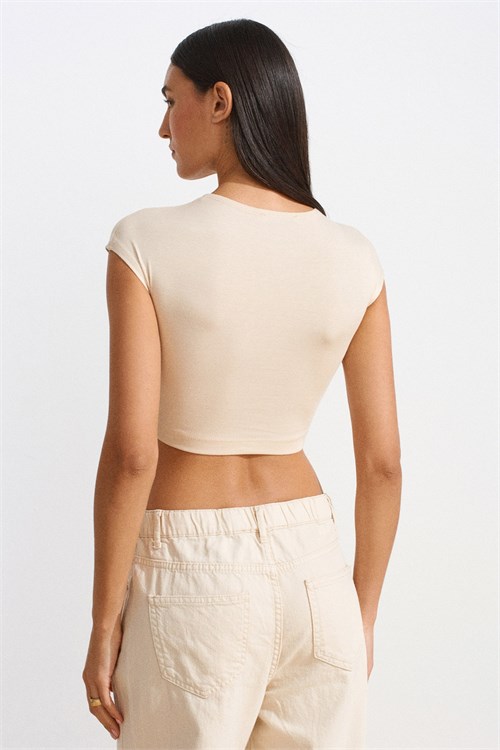 Wholesale Womens Stone Beige Modal-Cotton Cropped T-Shirt