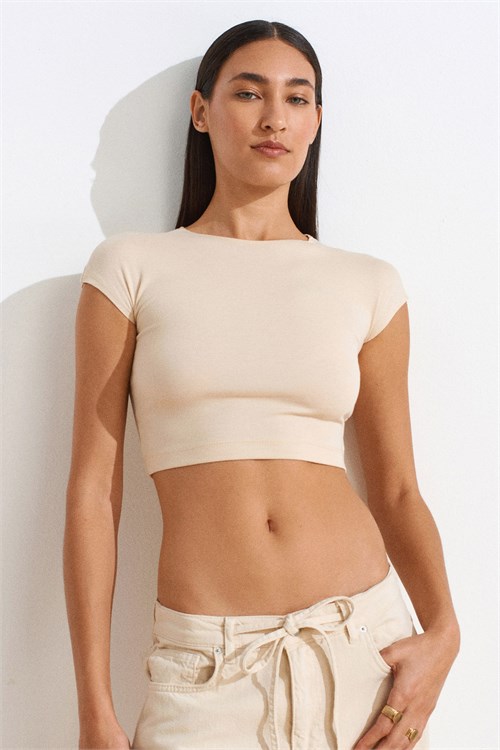 Wholesale Womens Stone Beige Modal-Cotton Cropped T-Shirt