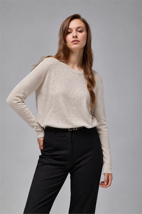 Wholesale Womens Stone Beige Rhinestone-Embellished Crew-Neck Knit Sweater