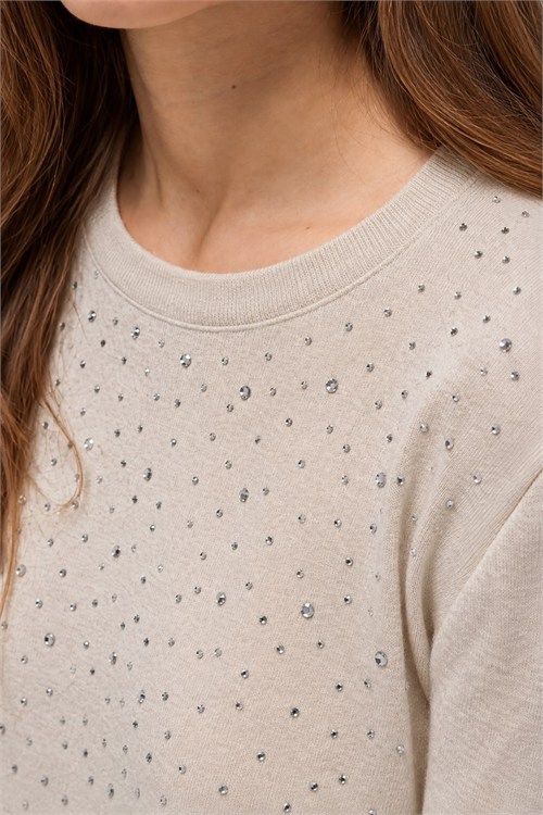 Wholesale Womens Stone Beige Rhinestone-Embellished Crew-Neck Knit Sweater