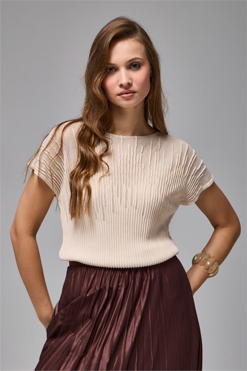 Wholesale Womens Stone Beige Sheer Mercerized Fine Knit Blouse with Boat Neck and Short Sleeves
