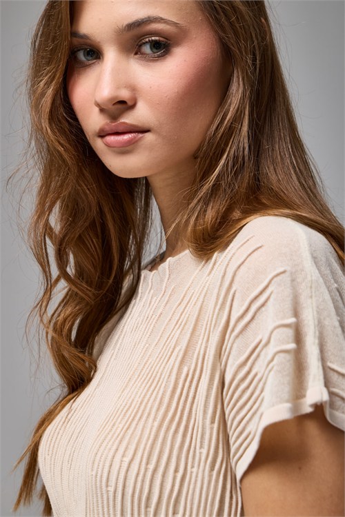 Wholesale Womens Stone Beige Sheer Mercerized Fine Knit Blouse with Boat Neck and Short Sleeves