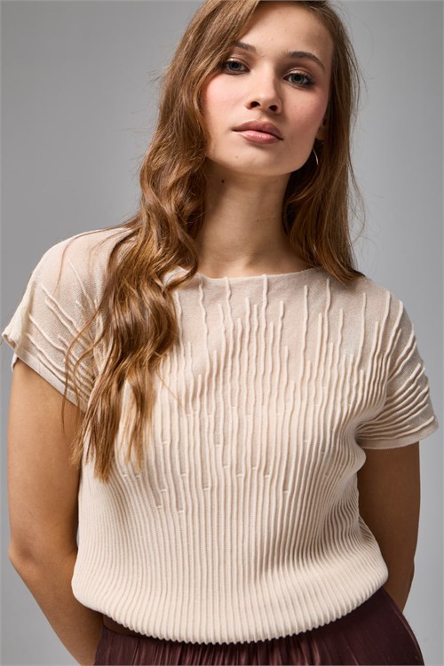 Wholesale Womens Stone Beige Sheer Mercerized Fine Knit Blouse with Boat Neck and Short Sleeves
