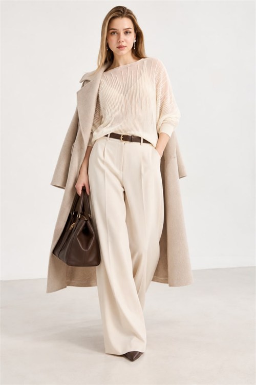 Wholesale Womens Stone Beige Sheer Mercerized Fine Knit Blouse with Boat Neck and Long Sleeves