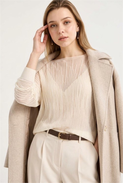 Wholesale Womens Stone Beige Sheer Mercerized Fine Knit Blouse with Boat Neck and Long Sleeves