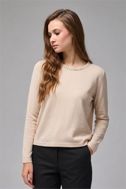 Wholesale Womens Stone Beige Soft-Textured Knit Sweater with Pearl-Embellished Collar