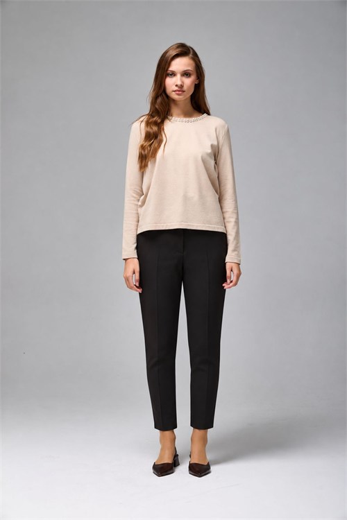 Wholesale Womens Stone Beige Soft-Textured Knit Sweater with Pearl-Embellished Collar