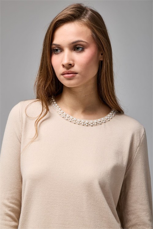 Wholesale Womens Stone Beige Soft-Textured Knit Sweater with Pearl-Embellished Collar
