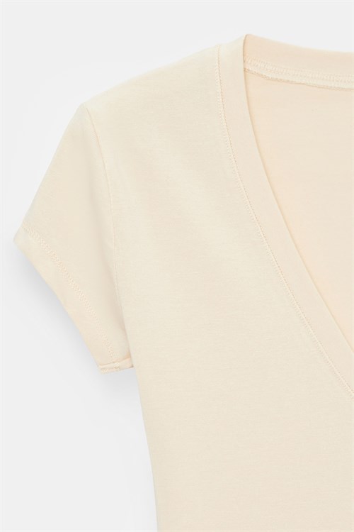 Wholesale Womens Stone Beige Supima Cotton V-Neck Tee