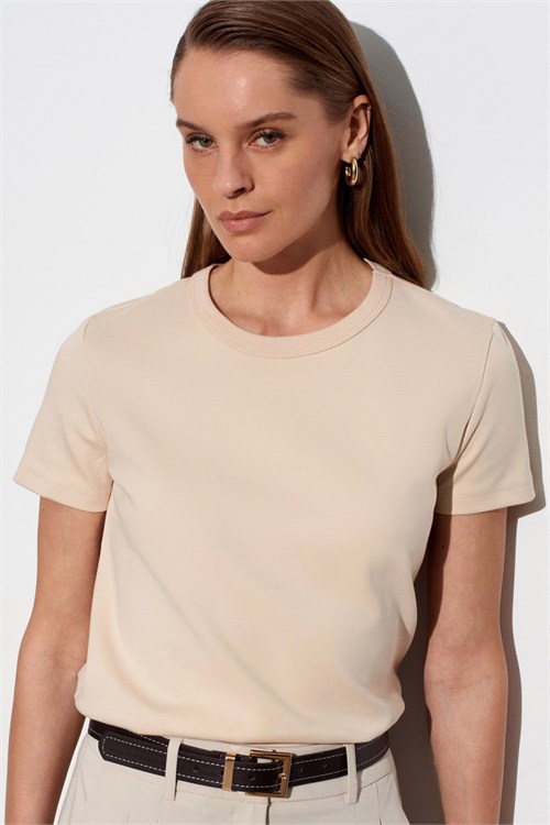Wholesale Womens Stone Beige Crew-Neck Basic T-Shirt