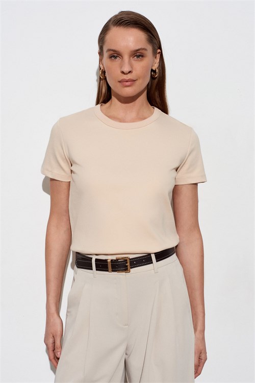Wholesale Womens Stone Beige Crew-Neck Basic T-Shirt