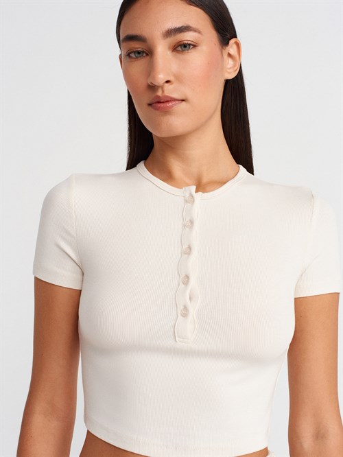 Wholesale Womens Stone Crop T-Shirt with Button-Up Half Placket