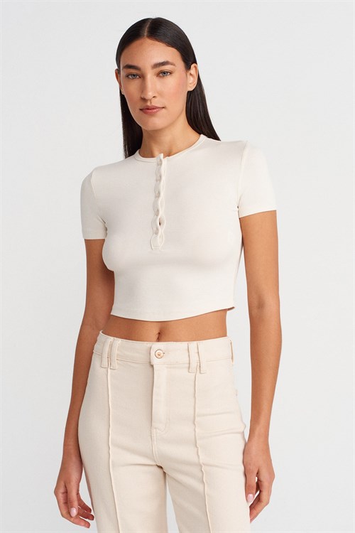 Wholesale Womens Stone Crop T-Shirt with Button-Up Half Placket