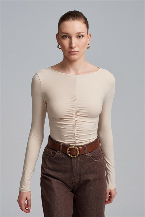 Wholesale Womens Stone Gathered Boat-Neck Top