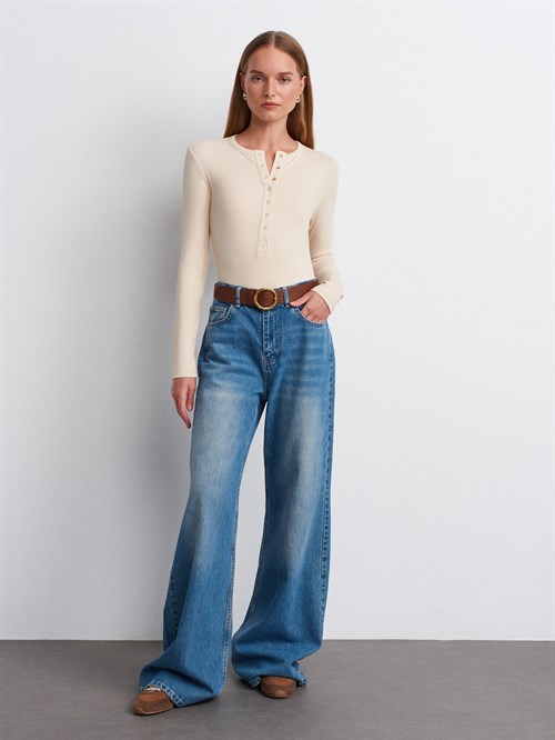 Wholesale Womens Stone Long-Sleeve Top with Snap-Up Half Placket