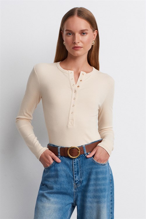 Wholesale Womens Stone Long-Sleeve Top with Snap-Up Half Placket