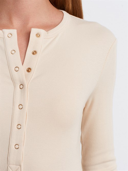 Wholesale Womens Stone Long-Sleeve Top with Snap-Up Half Placket