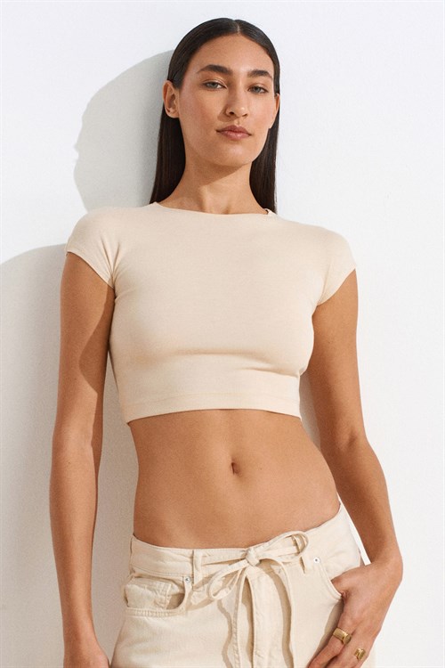 Wholesale Womens Stone Modal Cotton Crop T-Shirt