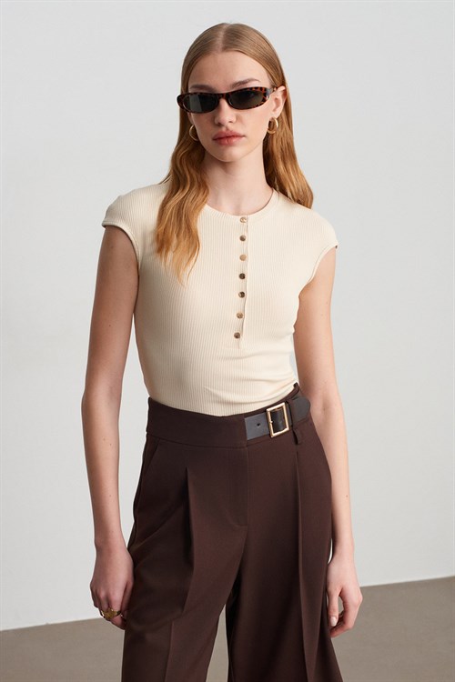 Wholesale Womens Stone Short-Sleeve Top with Buttoned Half Placket
