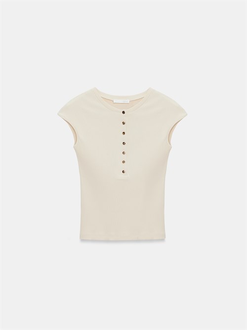 Wholesale Womens Stone Short-Sleeve Top with Buttoned Half Placket