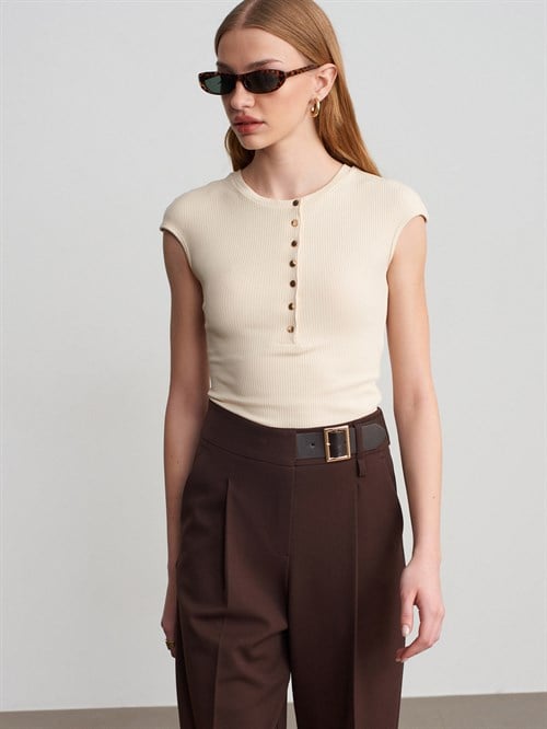 Wholesale Womens Stone Short-Sleeve Top with Buttoned Half Placket