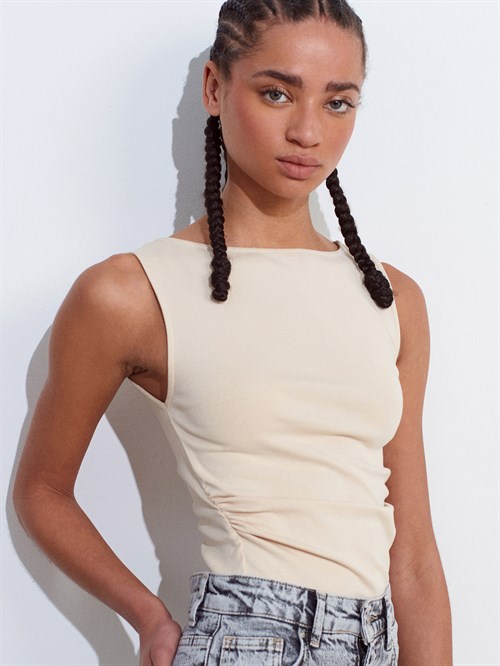 Wholesale Womens Stone Side Gathered Boat-Neck Top