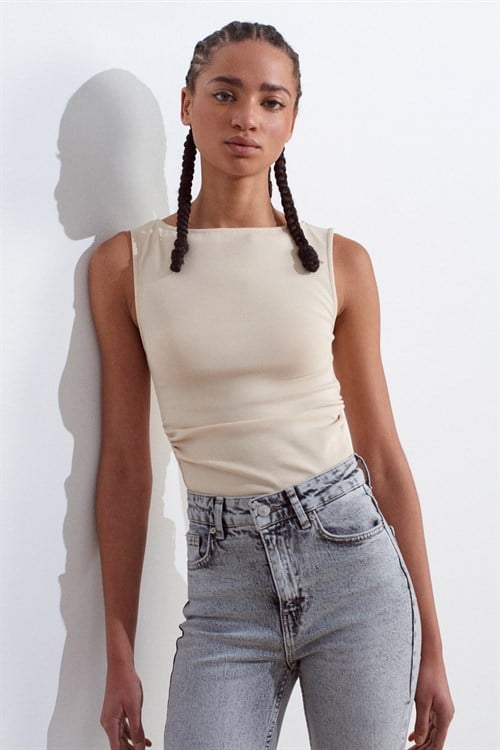 Wholesale Womens Stone Side Gathered Boat-Neck Top