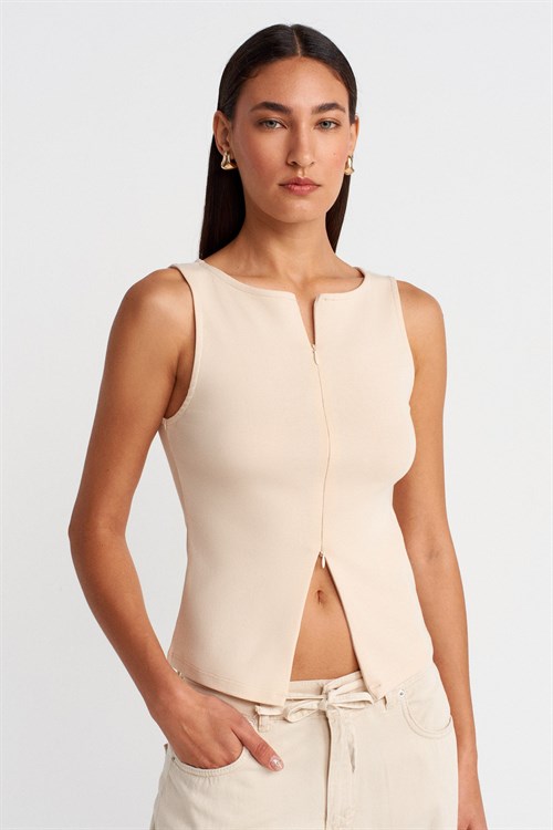 Wholesale Womens Stone Sleeveless Top with Two-Way Zipper