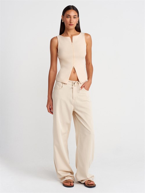 Wholesale Womens Stone Sleeveless Top with Two-Way Zipper