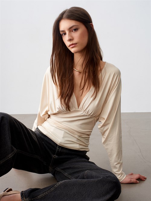 Wholesale Womens Stone V-Neck Batwing Top with Underbust Gathering