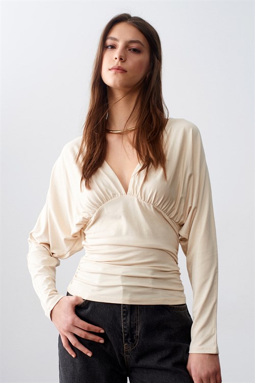 Wholesale Womens Stone V-Neck Batwing Top with Underbust Gathering