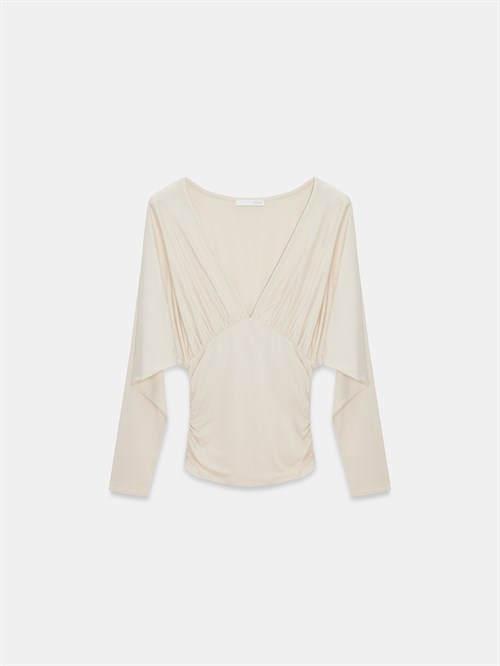 Wholesale Womens Stone V-Neck Batwing Top with Underbust Gathering