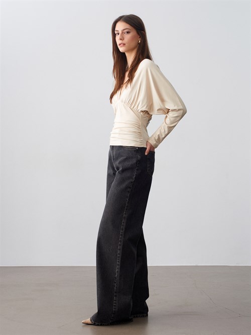 Wholesale Womens Stone V-Neck Batwing Top with Underbust Gathering