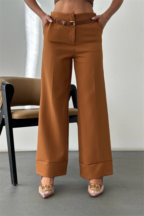Wholesale Womens Tobacco Brown High-Waisted Wide-Leg Trousers