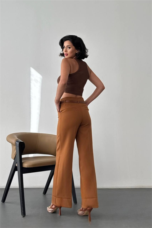 Wholesale Womens Tobacco Brown High-Waisted Wide-Leg Trousers