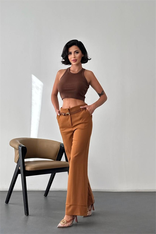 Wholesale Womens Tobacco Brown High-Waisted Wide-Leg Trousers