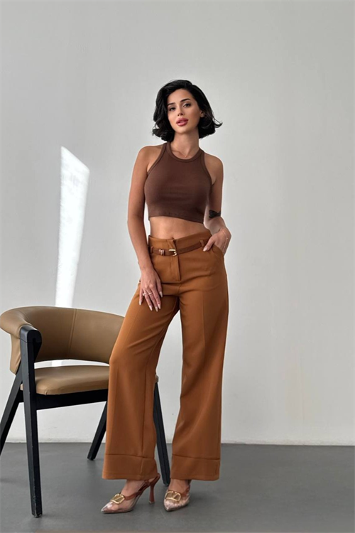 Wholesale Womens Tobacco Brown High-Waisted Wide-Leg Trousers
