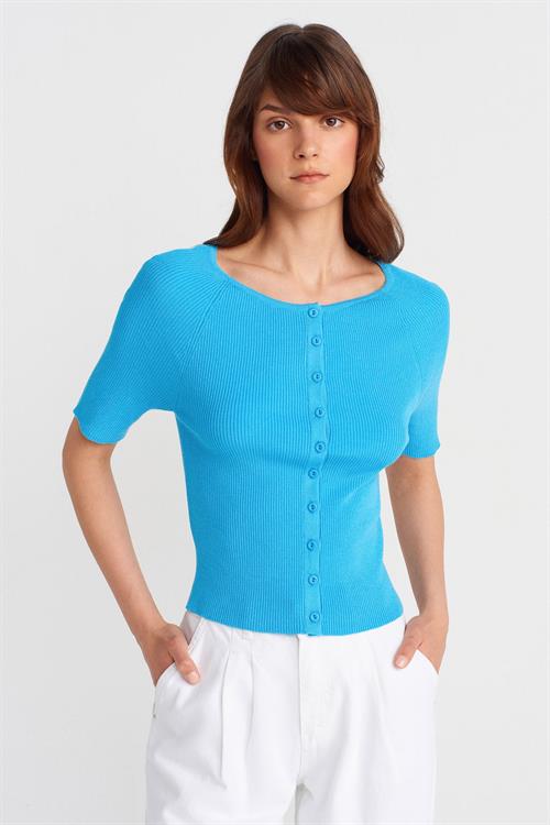 Wholesale Womens Turquoise Ribbed Buttoned Fine Knit Cardigan